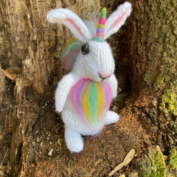 Hand crafted knit and needle felted unicorn magical bunny rabbit stuffed animal - Picture 2 of 11
